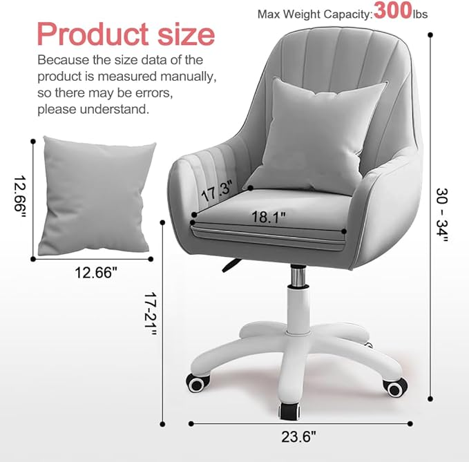 Velvet Desk Chair with Pillow Upholstered Vanity Chair for Girls Women, Home Office Computer Task Chair with Wheels Swivel Rolling Accent Chair for Living Room, Bedroom