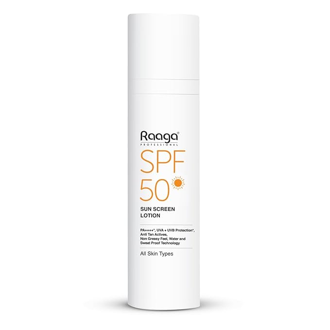 Raaga Sunscreen Lotion SPF 50 Broad Spectrum UVA and UVB Lightweight Non Greasy Water Resistant 1.86 Fl Oz 55ml