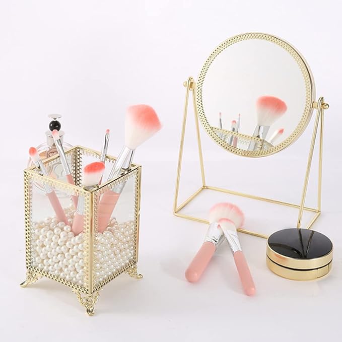 Makeup Brush Holder Vintage Glass Handmade Organizer with White Pearls for Nail Brush, Vanity, Bathroom, Dresser, Countertop - Gold