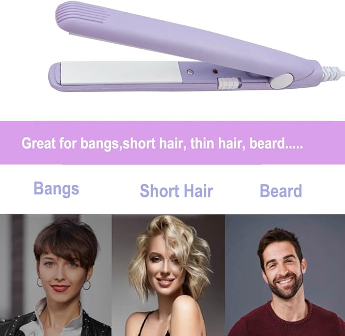 Mini Hair Straightener, 2 in 1 Mini Curling Iron Portable Travel Hair Straightener Heating Curler Hair Styling Tool for Short Hair，Home or Salon (Purple)