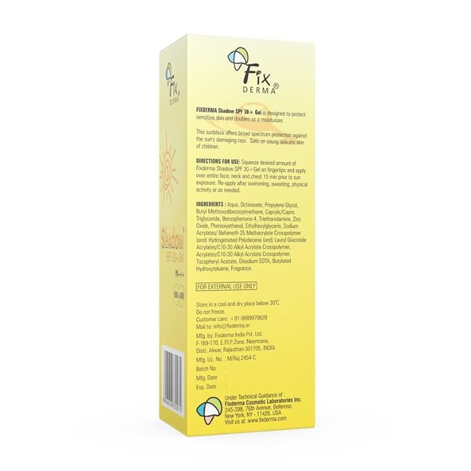 Grah Fixderma Shadow Sunscreen SPF 30+ Gel For Oily Skin - Acne Prone, Offers PA+++ Protection, Broad Spectrum UVA and UVB Protection, Water Resistant and Non-Greasy, 40g 1.411 Ounce