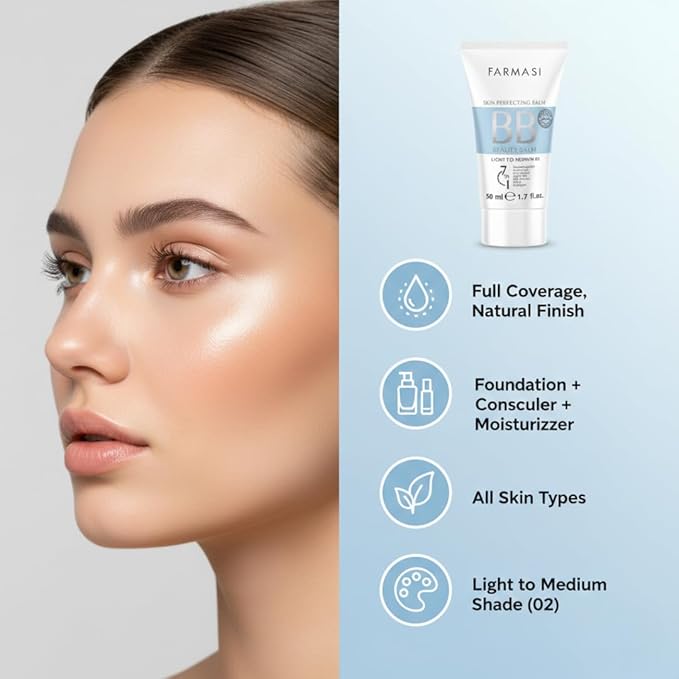 FARMASi BB Cream Beauty Balm, Tinted Moisturizer with SPF 15, Lightweight Matte Finish, Buildable Coverage Face Makeup, 1.7 fl oz, 02 Light to Medium