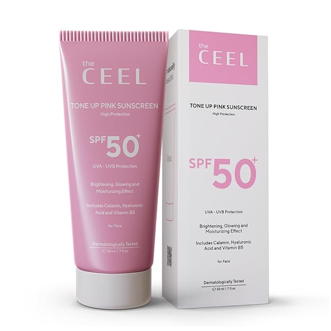 The Ceel Pink Tone Up Sunscreen for Face with SPF 50+ & Hyaluronic Acid - Brightening, Glowing & Moisturizing Facial Primer with Calamine & Vitamin B5 for All Skin Type - Paraben & Perfume Free - 50ml