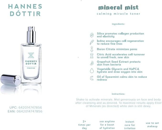 Hannes Dóttir Icelandic Mineral Mist Luminizing Toner: Calms, hydrates, Reduces Redness, Promotes Collagen Production & Sets Makeup