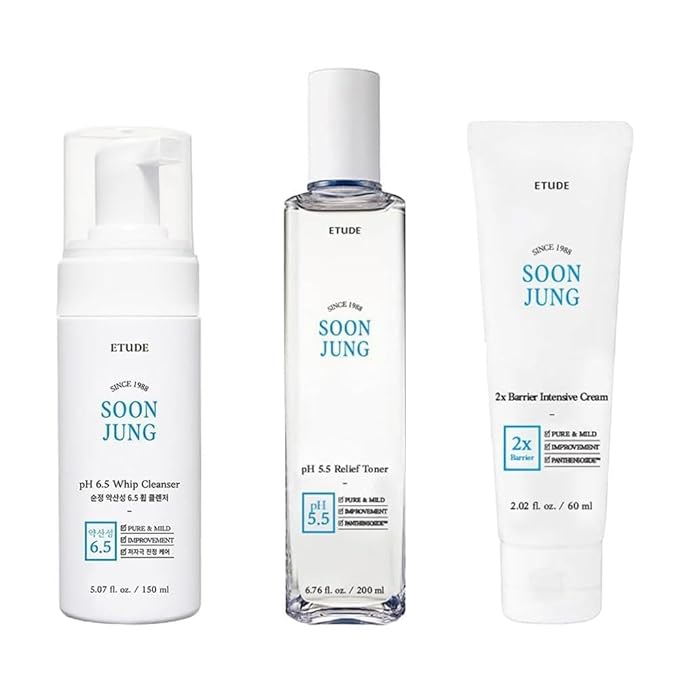 ETUDE Soonjung pH 6.5 Whip Cleanser (5.07 Fl Oz) + SoonJung pH5.5 Relief Toner (6.76 Fl Oz) + SoonJung 2x Barrier Intensive Cream Rich Moisture (2.02 fl oz)