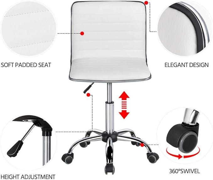 Yaheetech Adjustable Task Chair PU Leather Low Back Ribbed Armless Swivel White Desk Chair Office Chair Wheels