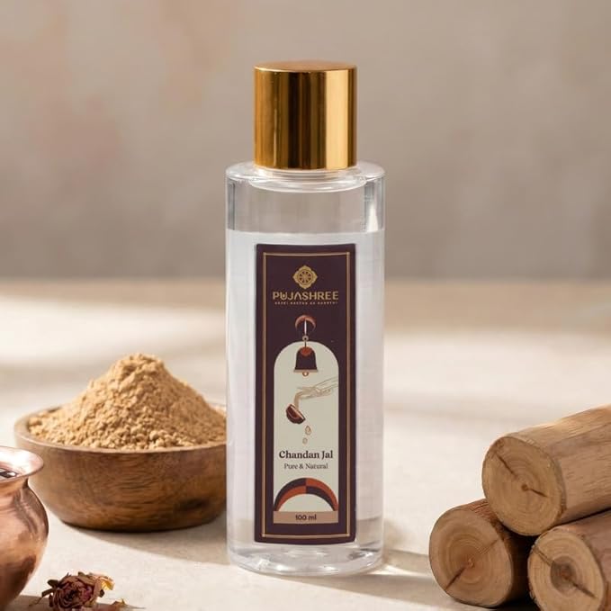 Pujashree 100% Pure Chandan Jal - 100 ML Glass Bottle with Spray Pump | Organic & Natural Sandalwood Water | Soothes, Hydrates Skin & Face Toner | Puja Chandan Sandal Holy Water