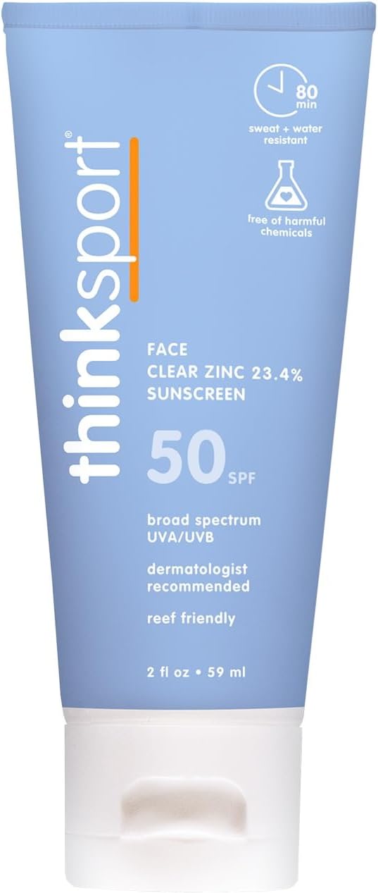 Thinksport SPF 50+ Sunscreen for Face with Clear Zinc Oxide, 2 Fl Oz – Safe, Natural, Water Resistant Face Sunscreen UVA/UVB Sun Protection – Vegan, Reef Safe Sunscreen