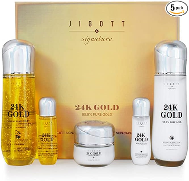 Jigott - Signature 24K Gold Essential Skin Care 3 Set - Toner (150ml), Emulsion (150ml), Cream (50ml) - Korean Skincare for Healthy and Glowing Skin