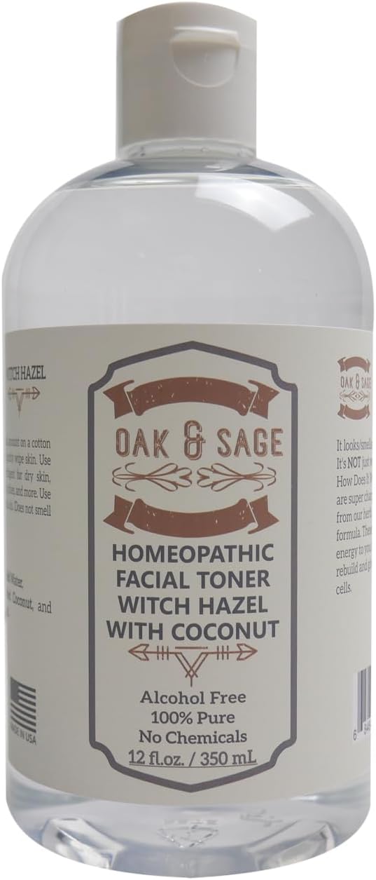 Oak & Sage Homeopathic Facial Toner Witch Hazel with Coconut - Unscented - 12oz Astringent, 100% Pure, No Alcohol, No Additives