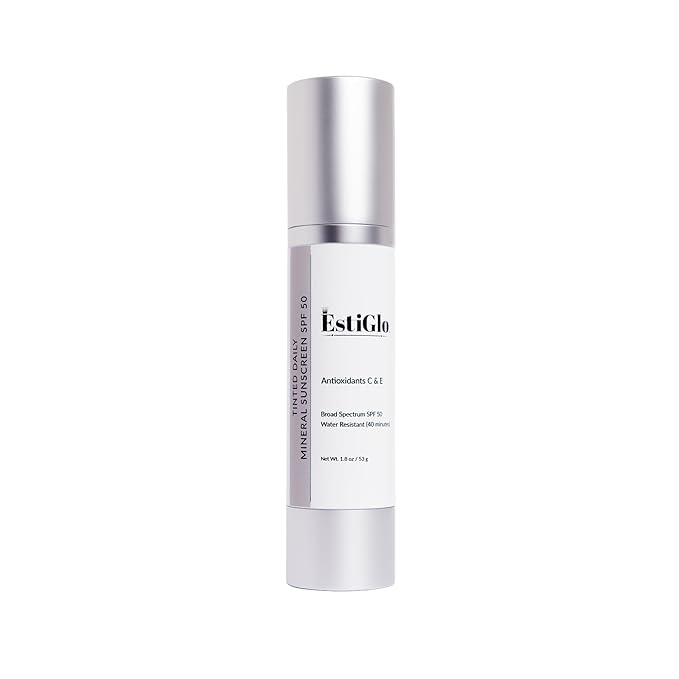 EstiGlo-Tinted Daily Mineral Sunscreen SPF50 with Antioixidants C&E | Tinted | Satin Finish | High Sun Defense | UVA and UVB protection | Titanium Dioxide and Zinc Oxide | Blue Light Protection