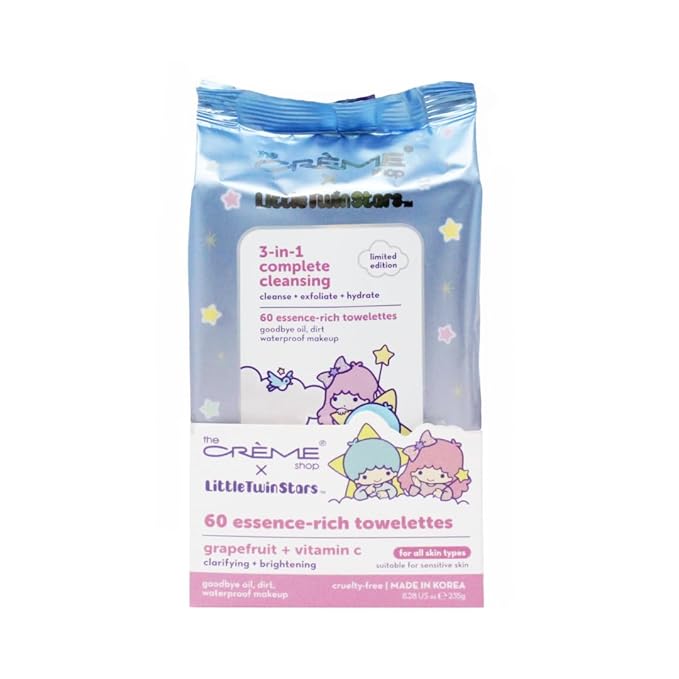 The Crme Shop Little Twin Stars 3-In-1 Complete Cleansing Wipes - Grapefruit Make Up Remover | Hydrating Makeup Wipes (60 Pre-Wet Wipes)