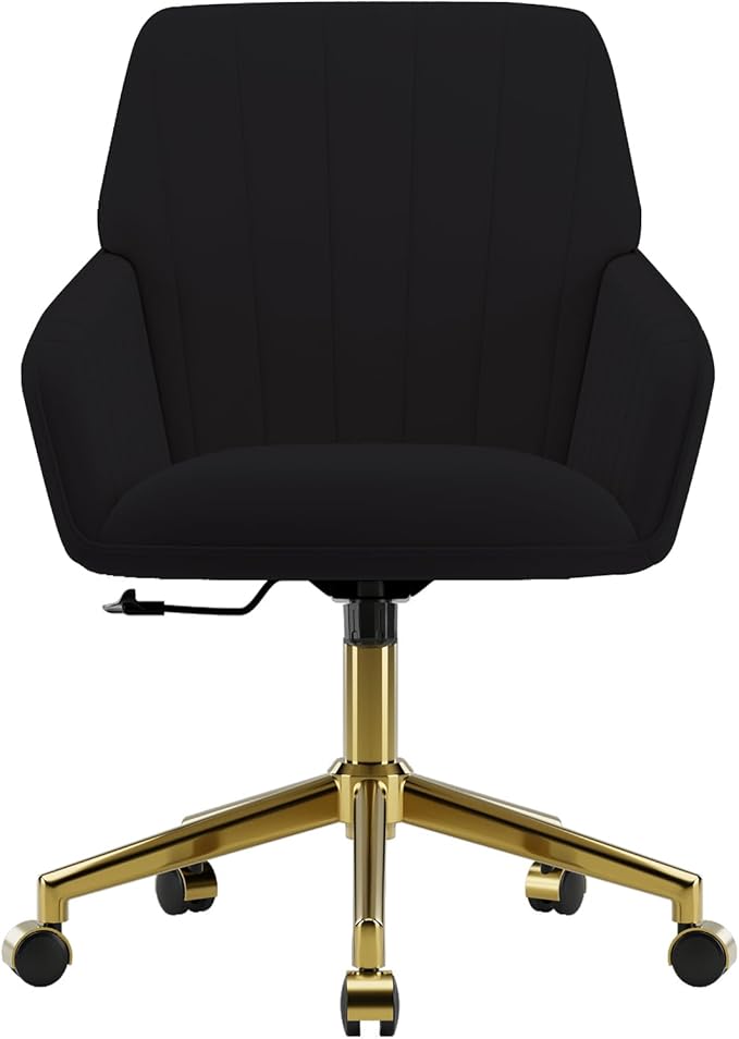 YISHENG Velvet Home Office Chairs with Gold Base, Height Adjustable 360 Degree Swivel Desk Chair with Wheels, Upholstered Tufted Modern Vanity Chairs for Living Room, Bedroom,Study Room (Black)