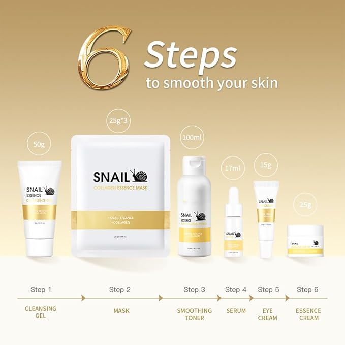6pcs Snail Essence Skin Care Kit, with Cleansing Gel, Toner, Eye Cream, Serum, Essence Cream and Face Mask Korean Skin Care Set, Moisturizing & Nourishing, Minimizes the Look of Wrinkles