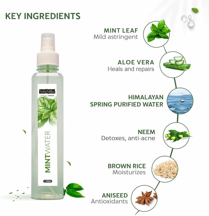 INDUS VALLEY Organic Mint Fresh Pore Tightening Skin Toner - (250ml), Natural Ingredients for Acne and Pore-Reducing, Gently Exfoliates, Deep Cleans, Brightens and Balances Skin for a Healthy Glow
