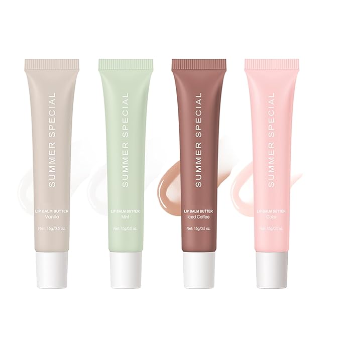 4 PCS Summer Special Lip Butter Hydration Lip Gloss with Shea Butter & Olive Oil Soothes Dry Lips and Lip Care Lip Balm with Natural Tint & Gloss Effect Lip Stain Vanilla/Mint/Iced Coffee/Cake