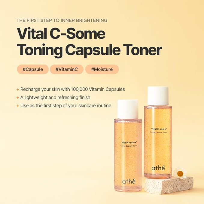 athé VITALC-Some™ Toning Capsule Toner – Vegan Vitamin C Essence with 7-Type Hyaluronic Acid, Ceramide & Vitamin B Complex | K-Beauty Brightening & Barrier Care Toner for Dull & Dry Skin | 4.39 fl.oz