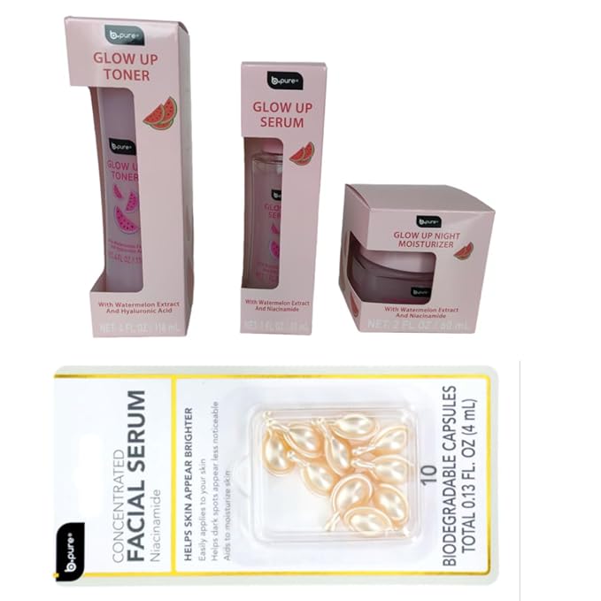 Glow Up b.pure Revitalizing Hydrating Night Cream-Watermelon Toner, Serum, Night Moisturizer & Biodegradable Niacinamide Capsules – Full Hydration No Alcohol-Set 4 Count