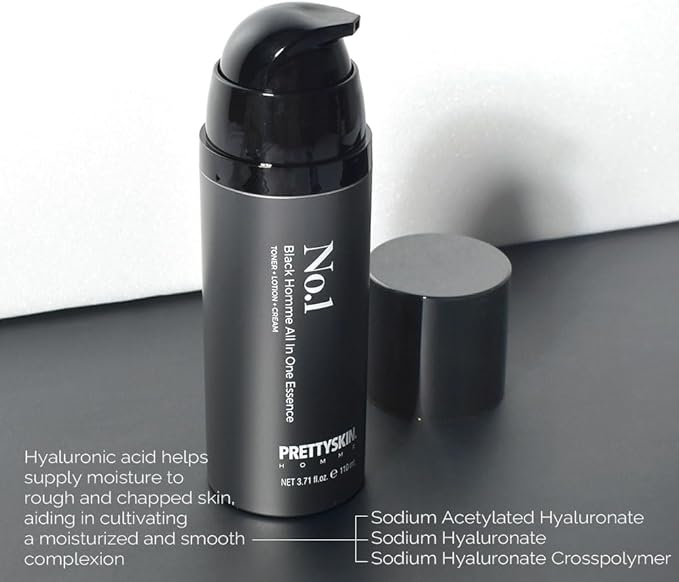 PRETTYSKIN No.1 Black Homme All-in-One Essence for Men – 3.71 fl.oz | Toner+Lotion+Cream in One | Lightweight Face Moisturizer with Hyaluronic Acid & Natural Extracts | Fast-Absorbing Daily Skincare