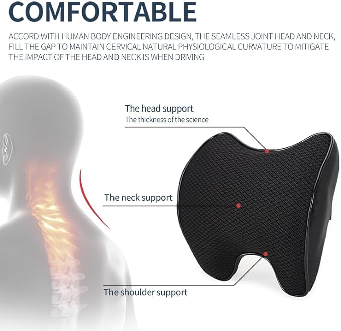 Lumbar Support and Car Neck Pillow for Office Chair and Car Seat ，Softness Memory Foam Erognomic Seat Cushion with Adjustable Strap，Comfortable Ergonomic Design (Black, Polyester)