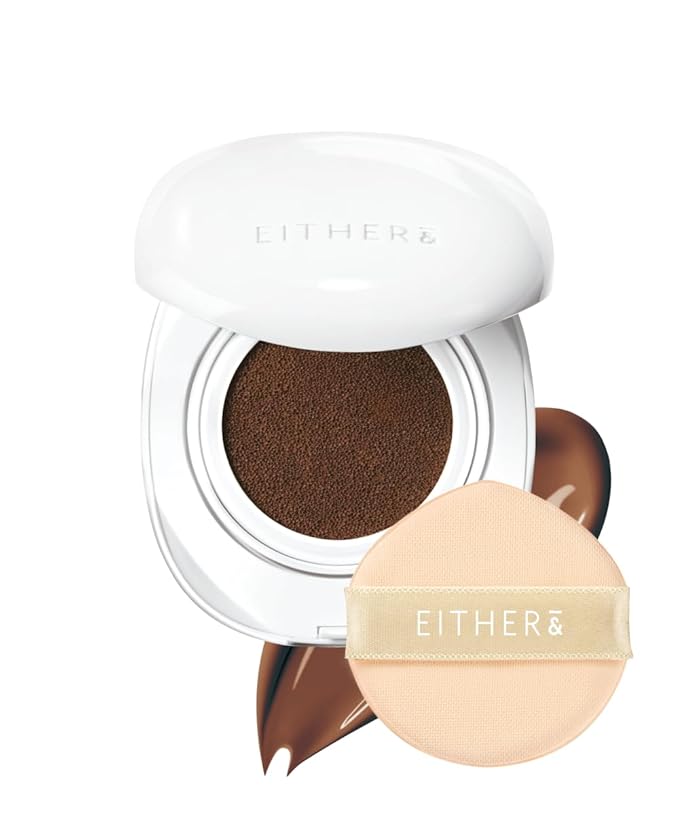 EITHER& Glow Pixel Cushion Foundation, Korean Glass Skin Finish, 62% Skincare-Infused, Antioxidant-Rich, Long-Lasting, Buildable Coverage (34N Acorn, 12g)