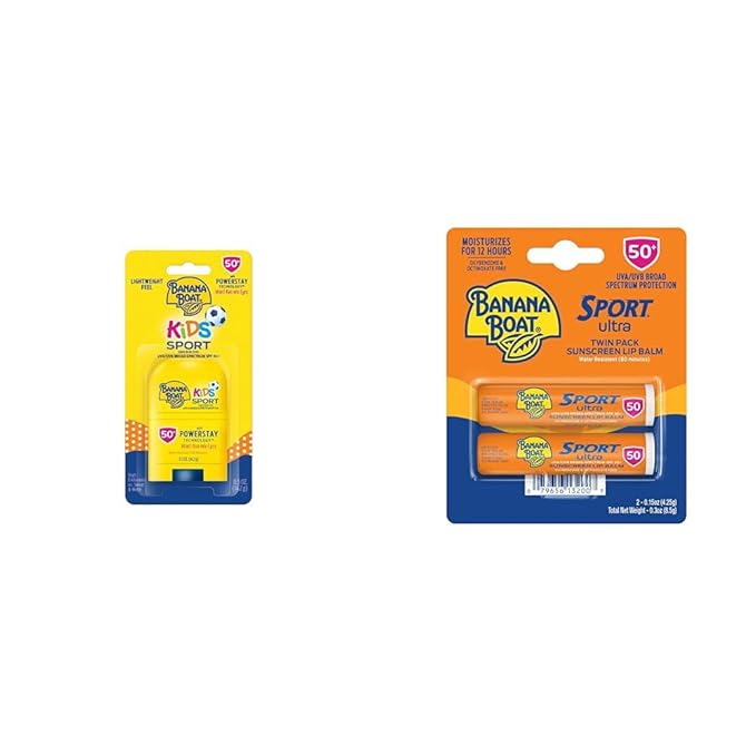 Banana Boat Kids Sport Sunscreen Stick SPF 50, 0.5oz & Sport Ultra SPF 50 Lip Sunscreen Twin Pack | SPF Lip Balm Pack, Banana Boat Lip Balm SPF 50, Oxybenzone Free Sunscreen
