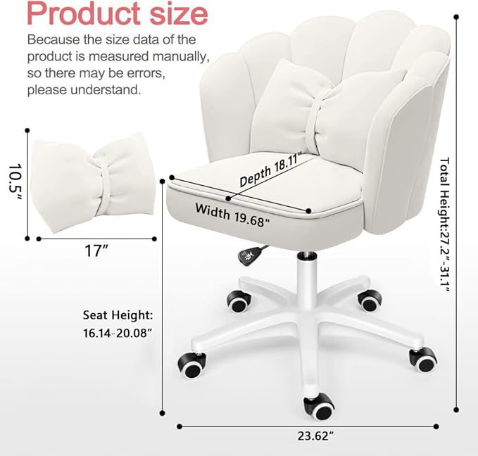 Petal Desk Chair with Bow Cushion Velvet Vanity Chair with Wheels, Upholstered Home Office Chair for Girls Women, Mid-Back Swivel Computer Task Chairs for Living Room Bedroom