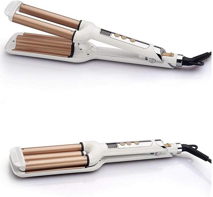Ceramic Hair Crimper Iron Hair Waver 3 Barrel 0.6 inch / 16mm Perm Instant Curls Crimping Hair Curling Iron Valentines Day Gifts for Women Professional Crimping Iron (Gold & White)
