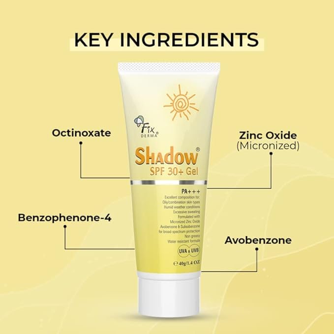 Grah Fixderma Shadow Sunscreen SPF 30+ Gel For Oily Skin - Acne Prone, Offers PA+++ Protection, Broad Spectrum UVA and UVB Protection, Water Resistant and Non-Greasy, 40g 1.411 Ounce