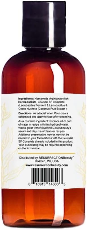 RESURRECTIONbeauty Witch Hazel Hydrosol with Leucidal® SF Complete | Alcohol Free Facial Toner & Witch Hazel Distillate Base Ingredient for Clay Masks & DIY Hyaluronic Acid Serum, 4oz