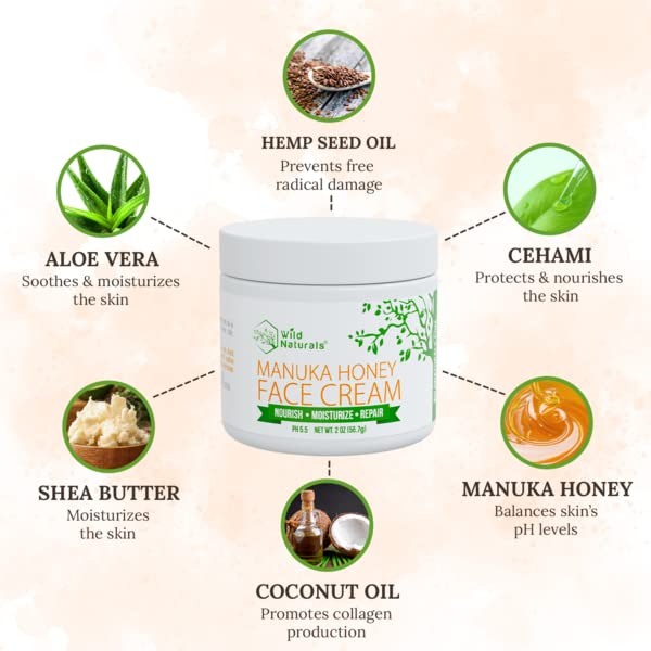 Wild Naturals Manuka Honey Face Cream for Dry Skin - Cream Moisturizer for Sensitive Skin - Soothing & Redness Relief for Dry Skin - Face, Hand & Body Moisturizer for Women & Men