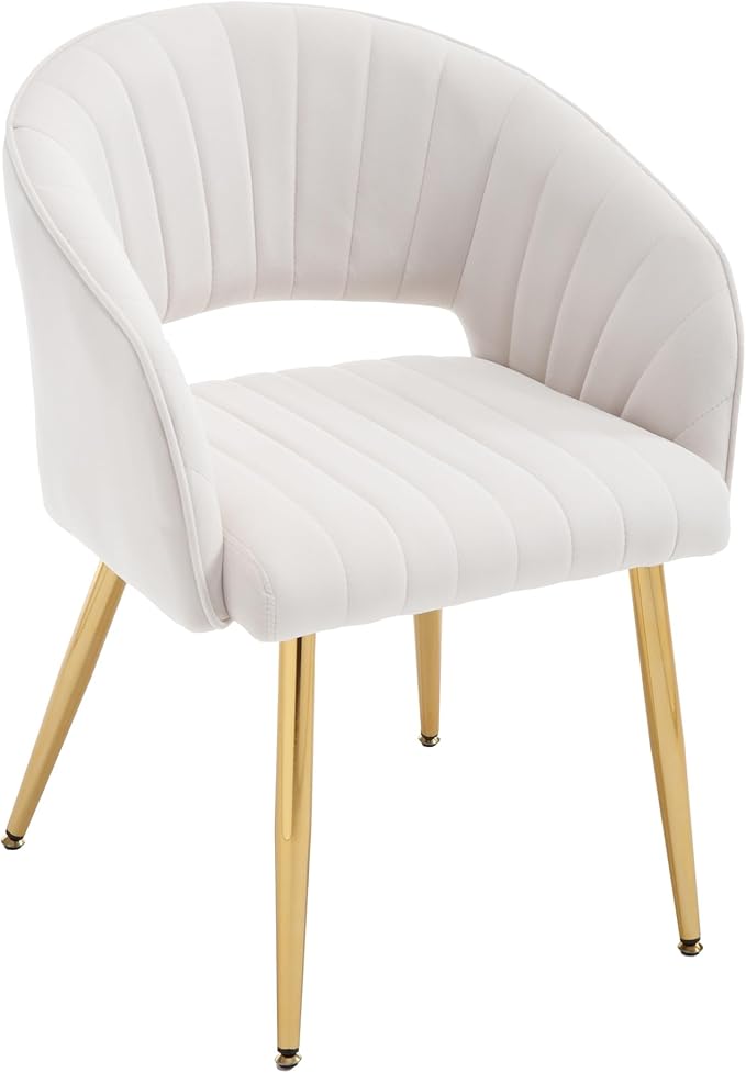 Modern Velvet Vanity Chair, Home Office Desk Chair with Hollow Back, Upholstered Dining Chair with Gold Metal Legs, Comfy Accent Armchair for Living Room Bedroom, Beige