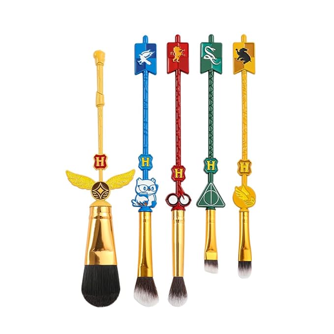 Fantasy Magic Academy Makeup Brushes, 5PCS Metal Handle Brushes with Golden Snitch, Horcrux, Elder Wand & Dobby Designs - Premium Makeup Tools Gift Set for Wizarding World Fans (H P)
