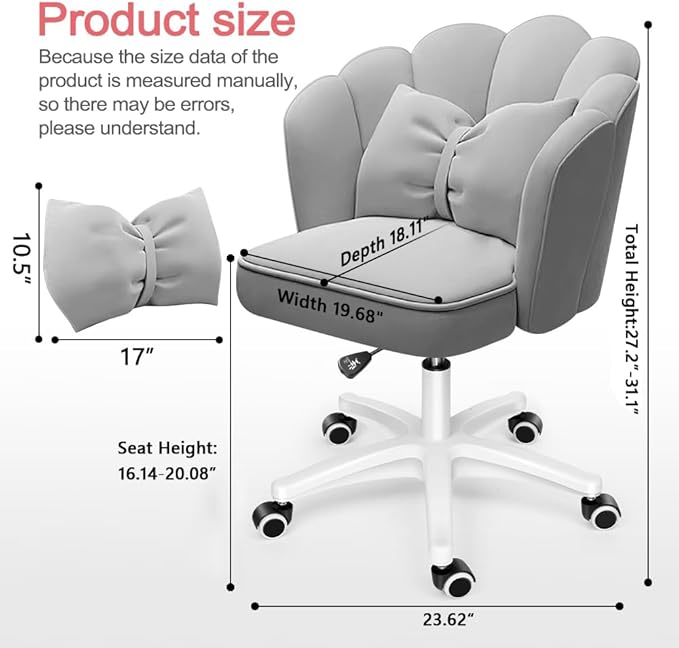 Petal Desk Chair with Bow Cushion Velvet Vanity Chair with Wheels, Upholstered Home Office Chair for Girls Women, Mid-Back Swivel Computer Task Chairs for Living Room Bedroom