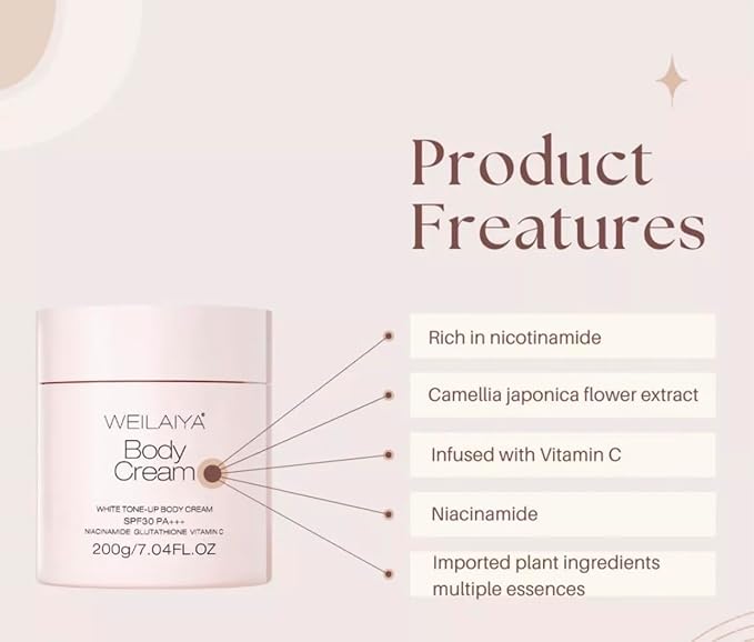 Weilaiya Camellia for Face & Body Day Cream SPF3O PA+++ NACINAMIDE GLUTATHIONE VITAMIN C (200g/7.04FL.OZ) Brightening, anti-aging, moisturizer, hydrate, non-comedogenic, water-proof, non-sticky