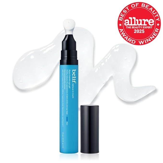 belif Aqua Bomb Cooling Eye Gel - Caffeine & Hyaluronic Acid for Puffiness & Hydration, Niacinamide & Vitamin C for Dark Circles, Adenosine & Collagen for Plumping, Korean Skin Care, 0.5 fl oz (15ml)