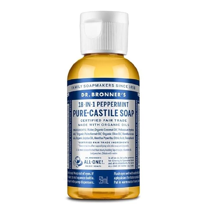 Dr. Bronner's - Pure-Castile Liquid Soap (Peppermint, Travel Size, 2 ounce) - Made with Organic Oils, 18-in-1 Uses: Face, Body, Hair, Laundry, Pets and Dishes, Concentrated, Vegan, Non-GMO