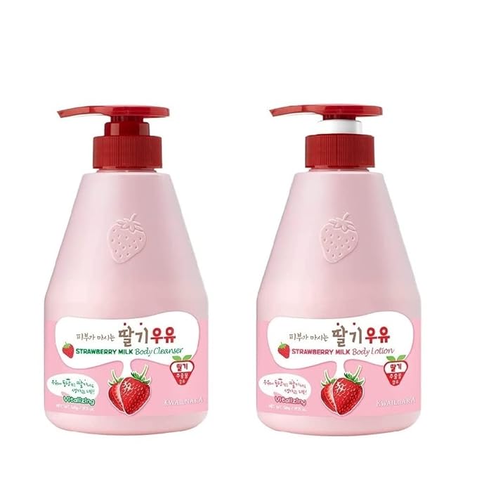 Kwailnara Strawberry Milk Body Wash & Lotion Set (19.75 Oz Each) – 2-Piece Korean Skincare Duo for Hydrated & Smooth Skin | Milk Protein, Royal Jelly & Exfoliating Strawberry Extract | Paraben-Free