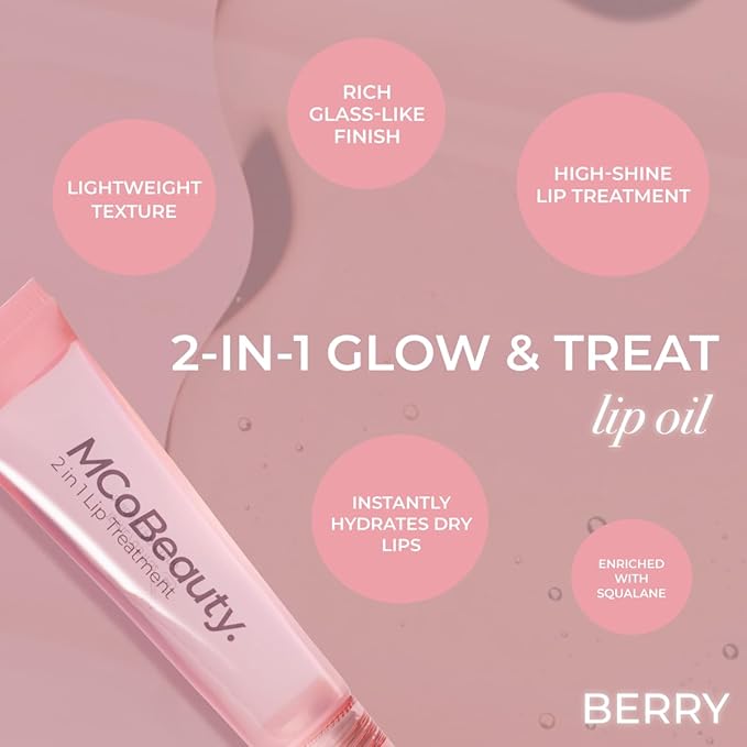 MCoBeauty Glow and Treat 2-in-1 Lip Treatment Berry - Tinted Lip Oil with Squalane Roller Ball Applicator - Glossy Moisturizing Lip Balm Gloss for Dry Lips - Vegan Cruelty Free Lip Care - 10ml