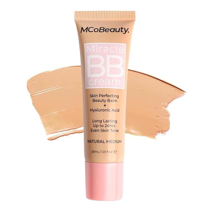 MCoBeauty Miracle BB Cream Medium Beige - Skin Tint Foundation Primer with Hyaluronic Acid Glycerin - Lightweight Dewy Coverage Tinted Moisturizer for Face - Vegan Cruelty Free Makeup, Tone Balancing