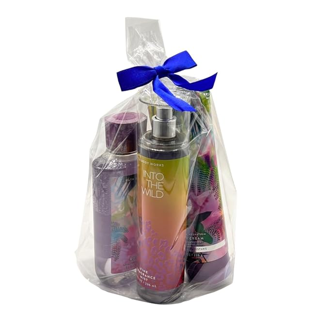 Bath & Body Works INTO THE WILD Fine Fragrance Mist, Ultimate Hydration Body Cream & Body Wash 3-piece Gift Set with a Blue Bow for Holidays – Full Size