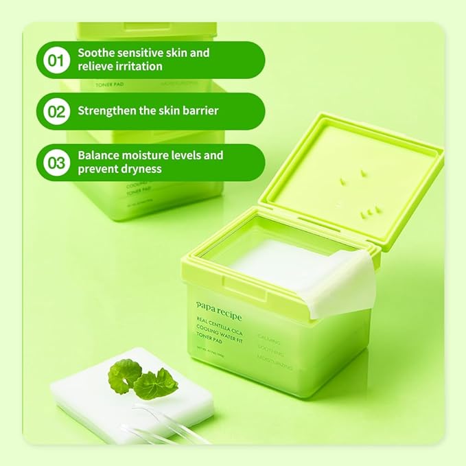 Papa Recipe Real Centella Cica Toner Pads (80 Sheets) – Soothing Cooling Pads with Panthenol for Hydration & Redness Care – Korean Skincare