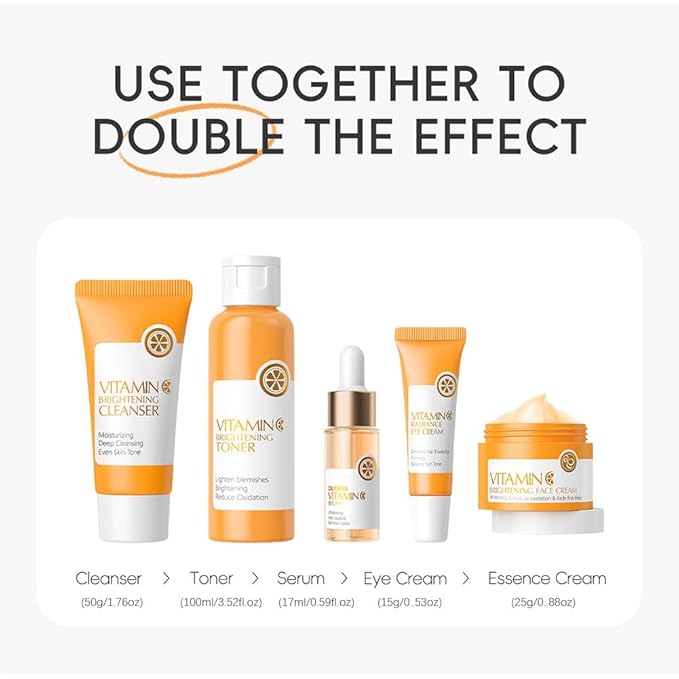 Vitamin C Face Skin Care Set For Women Teen Girls,5 Pcs Vitamin C Women Beauty Gift Set with Cleanser, Toner, Serum, Eye Cream and Face Cream,Travel Size Facial Skin Care Routine Kit