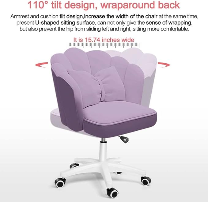Petal Desk Chair with Bow Cushion Velvet Vanity Chair with Wheels, Upholstered Home Office Chair for Girls Women, Mid-Back Swivel Computer Task Chairs for Living Room Bedroom