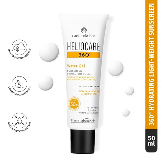 Helio-care 360° Water Gel Sunscreen | SPF 50+ PA++++ Broad Spectrum Protection | Hyaluronic Acid Hydrating Face Sunscreen | Lightweight Water Gel | No White Cast | Water & Sweat Resistant | 50ml