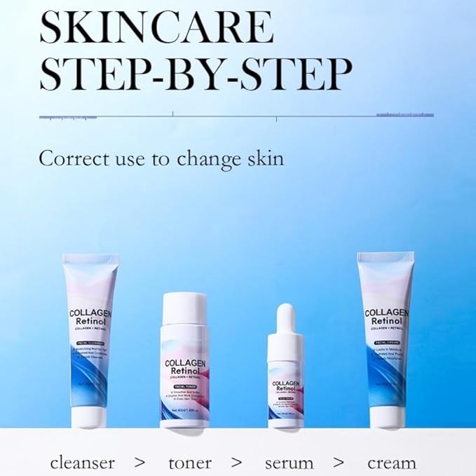 Collagen Retinol Skin Care Set, 4-Piece Anti-Aging Skincare Set Travel Kit with Cleanser, Toner, Serum, Cream for Wrinkles, Fine Lines & Pores, Lifting & Firming Hydrating Skin Gift Set for Women Men