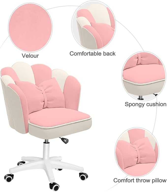 Petal Desk Chair with Bow Cushion Velvet Vanity Chair with Wheels, Upholstered Home Office Chair for Girls Women, Mid-Back Swivel Computer Task Chairs for Living Room Bedroom