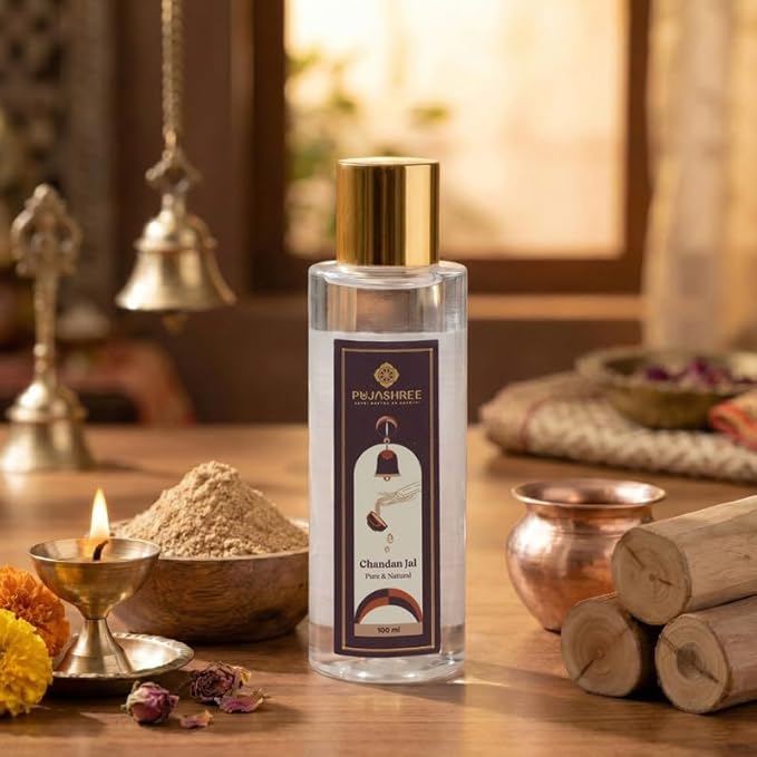 Pujashree 100% Pure Chandan Jal - 100 ML Glass Bottle with Spray Pump | Organic & Natural Sandalwood Water | Soothes, Hydrates Skin & Face Toner | Puja Chandan Sandal Holy Water