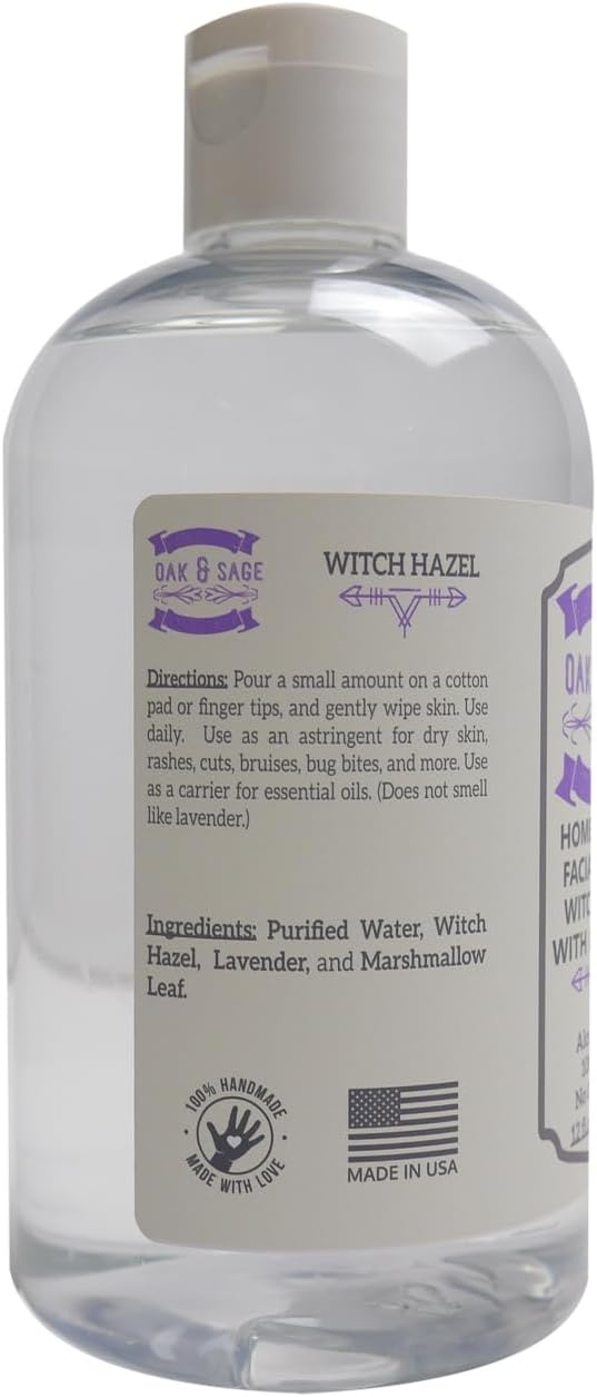 Oak & Sage Homeopathic Facial Toner Witch Hazel with Lavender - Unscented - 12oz Astringent, 100% Pure, No Alcohol, No Additives