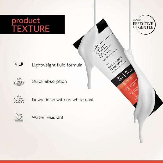 Deconstruct Dry Brightening Fluid Sunscreen SPF 50+ with Niacinamide | Lightweight, Hydrating & Dewy | UVA/UVB Protection | 8-Hour Wear, Water-Resistant, No White Cast | 50g | Pack of 2